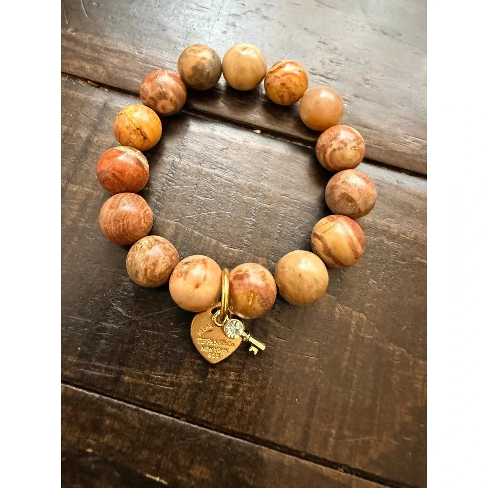 Jasper Stone Bead Stretch Bracelet Gold Heart Key Charm 925 Sterling‎